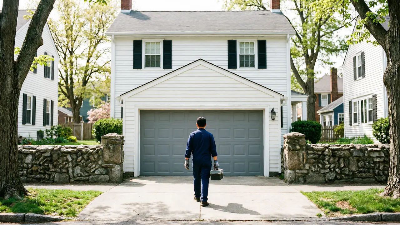 A technician walks toward a white house with a gray garage door.
