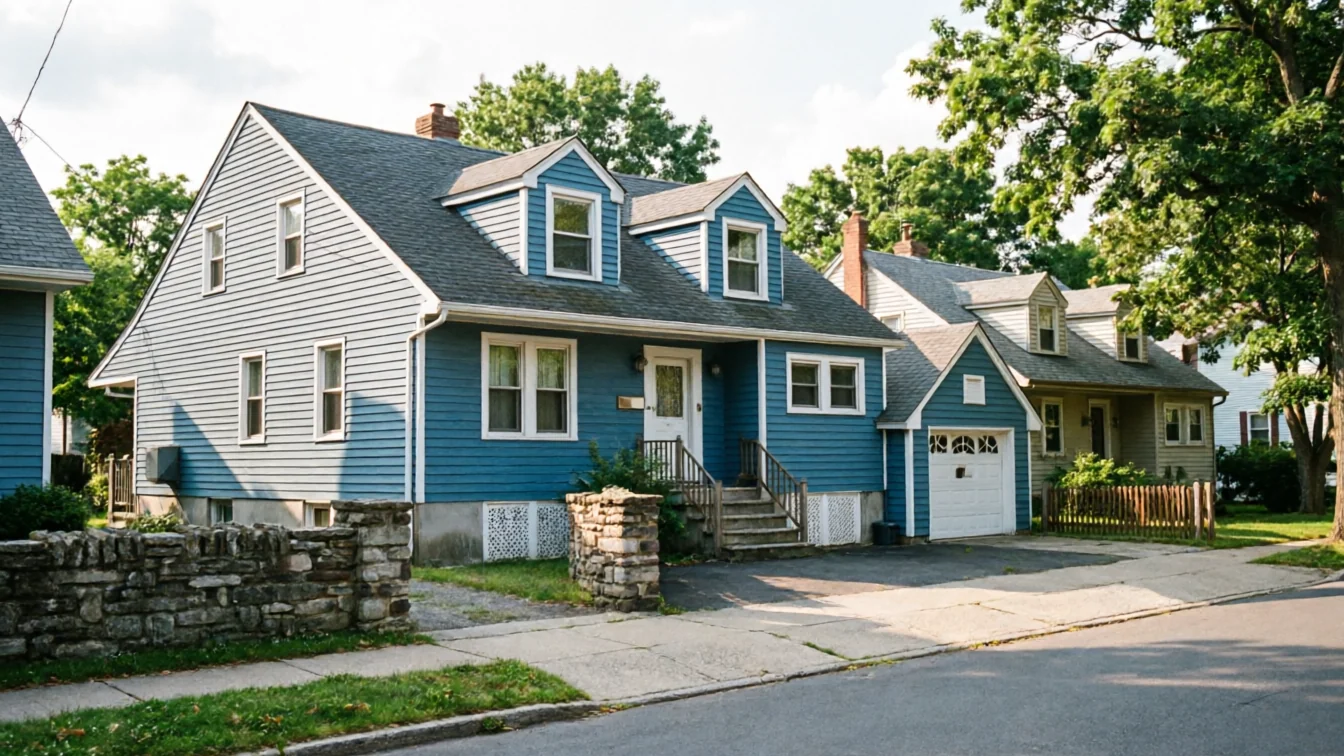A blue house with a white garage door is on a street with other houses.