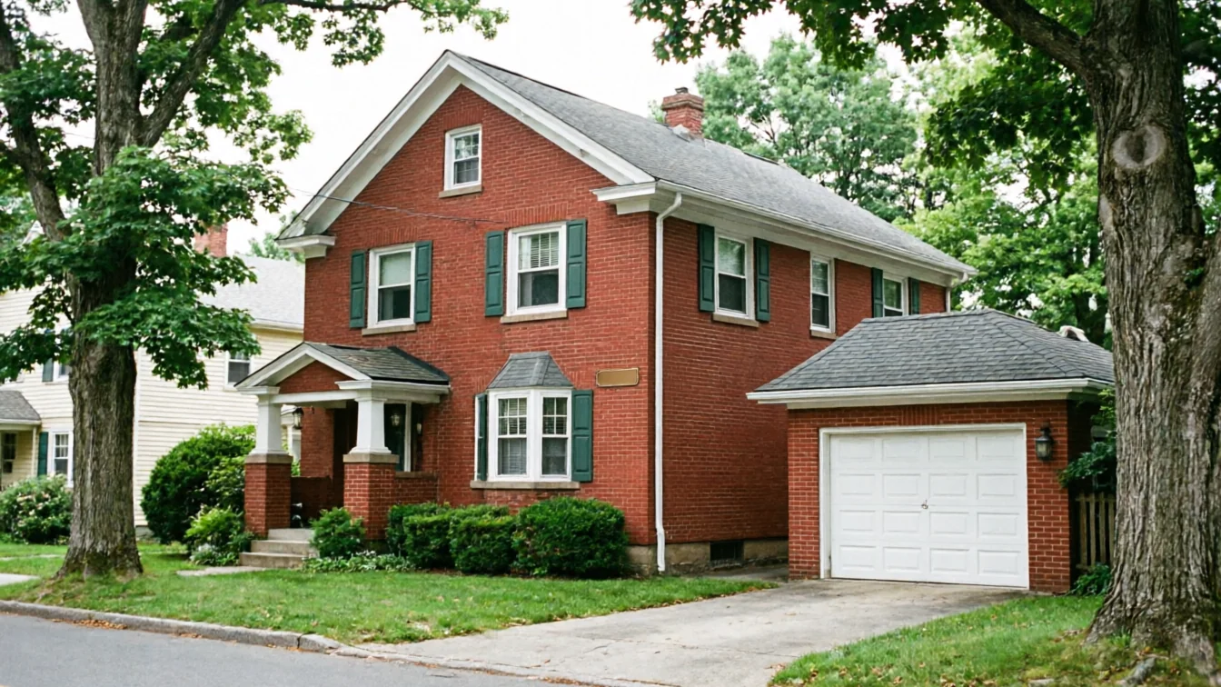 A red brick house with green shutters and an attached garage with a white door.
