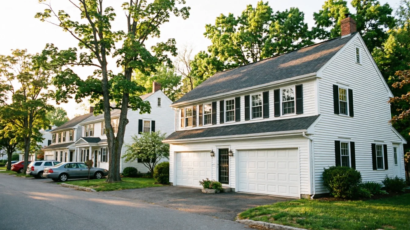 A white house with two garage doors and black shutters stands on a tree-lined street.
