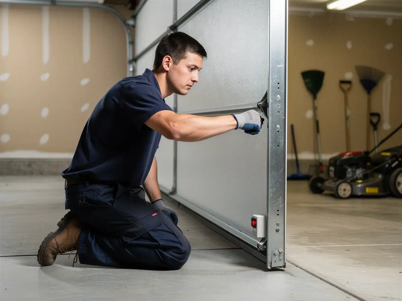 A technician kneels to inspect the bottom roller of a white garage door.