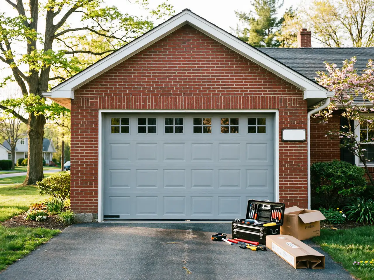 A gray garage door with windows on a brick house, with tools on the driveway.