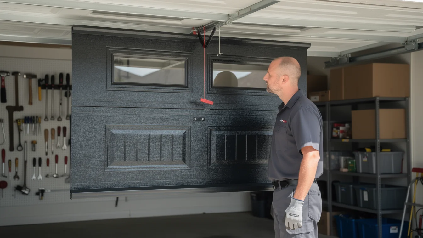 A technician stands next to a dark gray garage door with windows.
