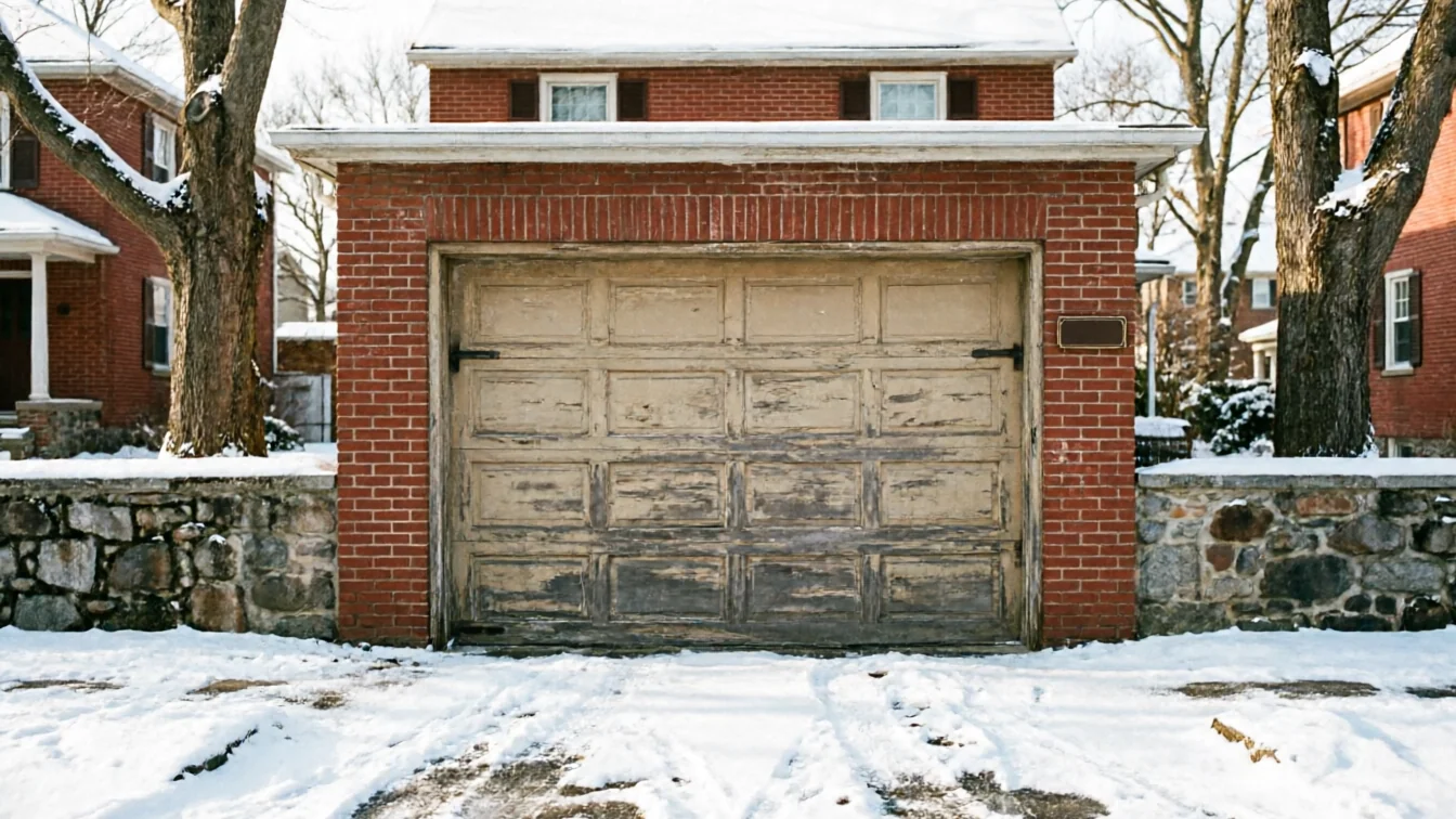 The old garage door on a brick garage is peeling paint in the snow.