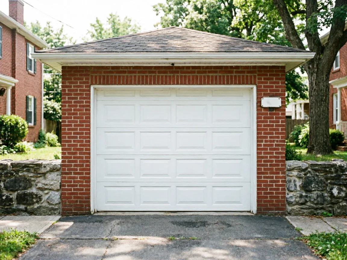 A white paneled garage door is centered in a red brick garage.