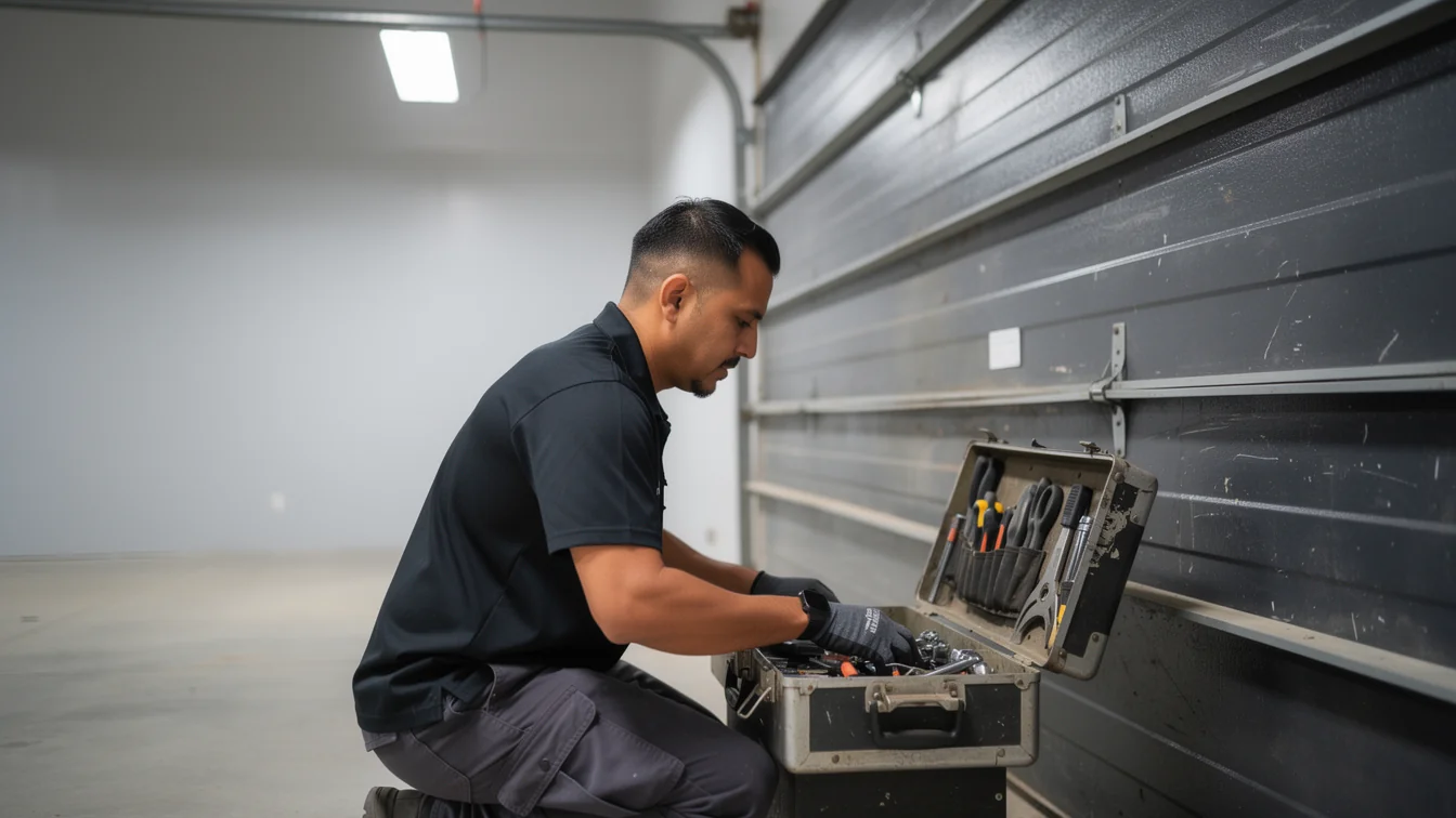 A technician kneels, looking into an open toolbox next to a gray garage door.