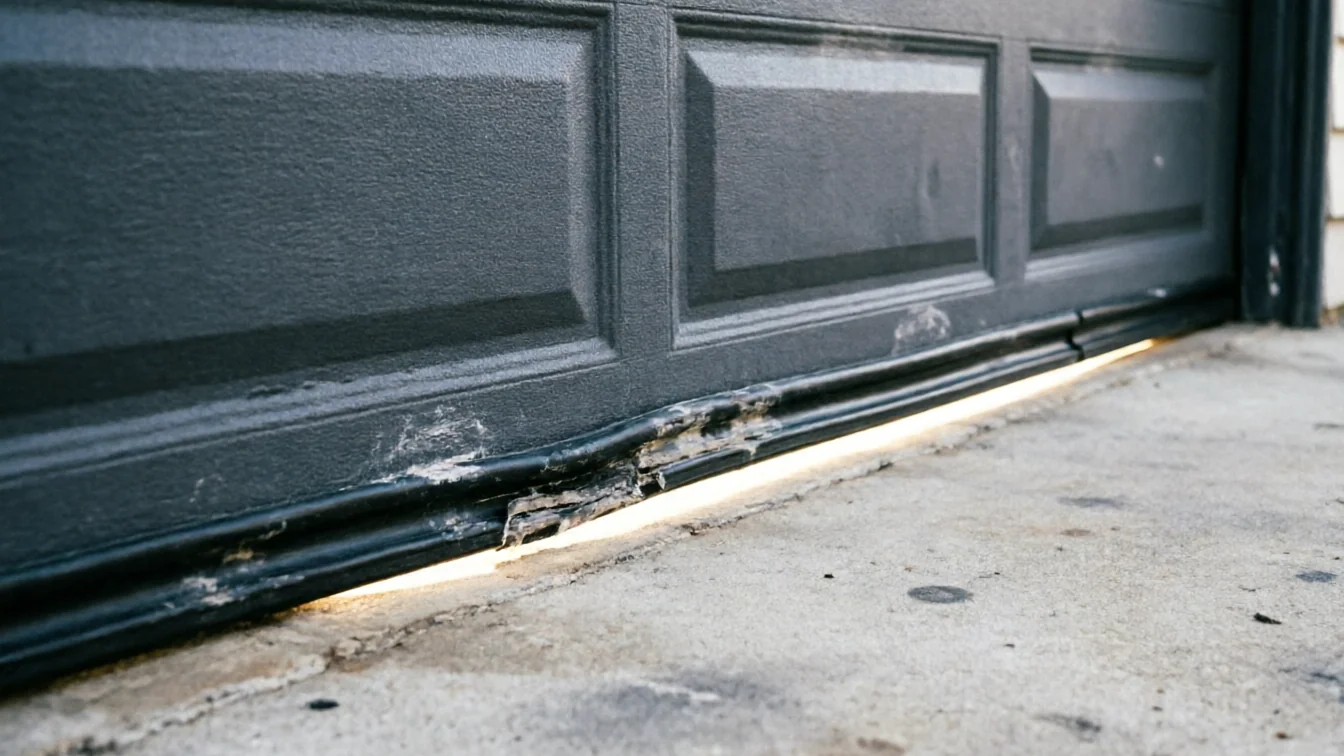 The garage door bottom seal is torn, showing a gap of light under the door.